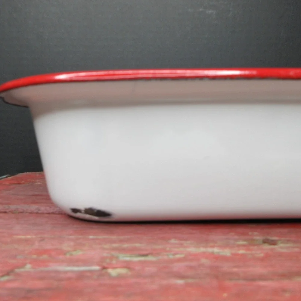 Vintage White Enamelware Rectangular Pan Red Rim Primitive Farmhouse Decor